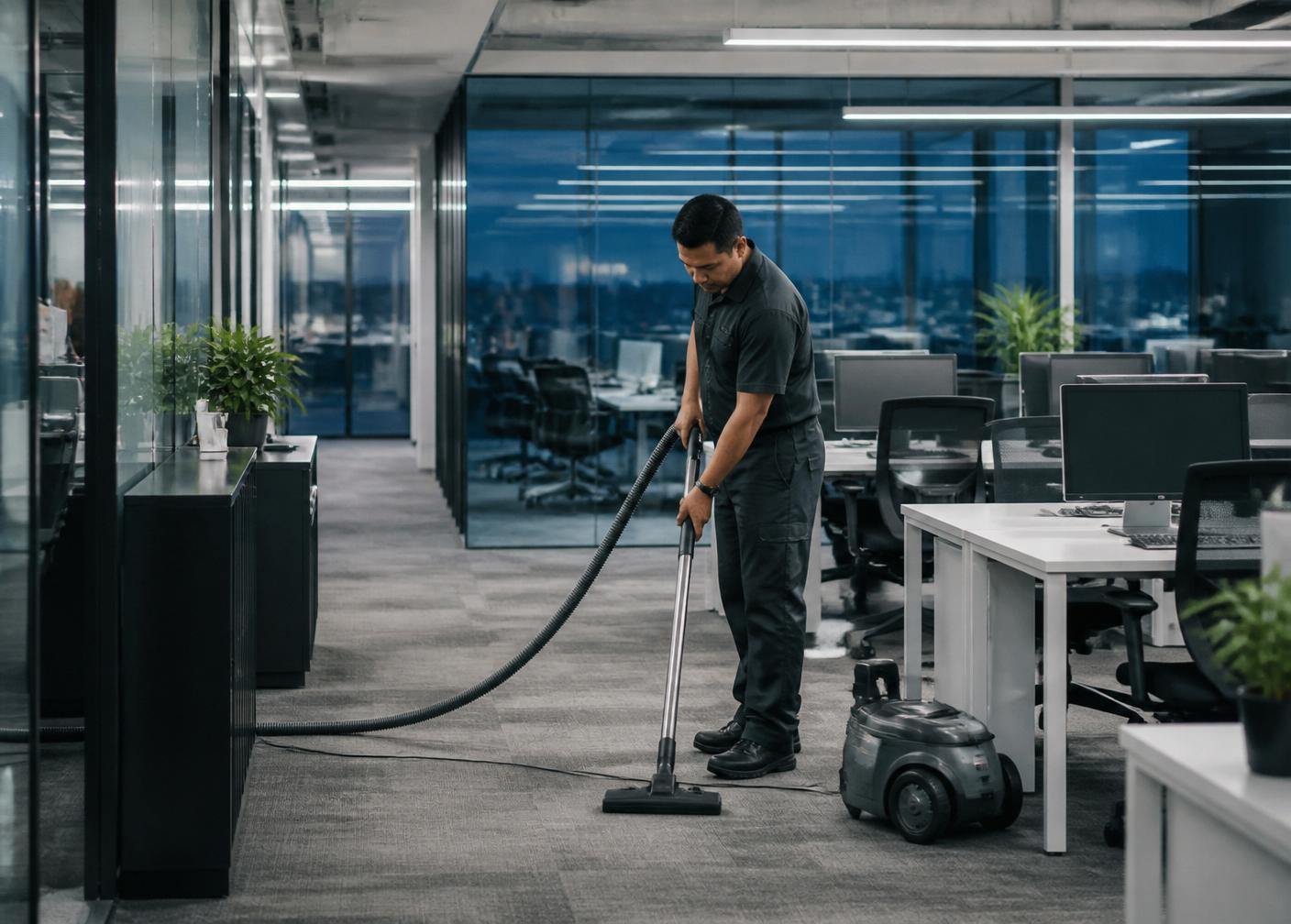 Commercial cleaner vacuuming an open-plan office after hours